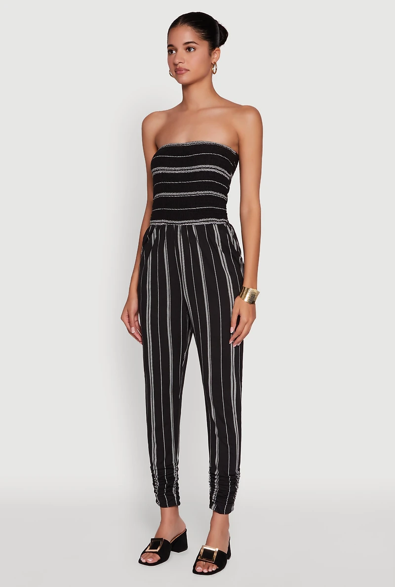 Womens Smocked Strapless Stripe Jumpsuit with Pockets, Black, Size S