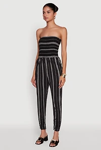 Womens Smocked Strapless Stripe Jumpsuit with Pockets, Black, Size S
