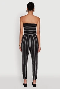 Womens Smocked Strapless Stripe Jumpsuit with Pockets, Black, Size S