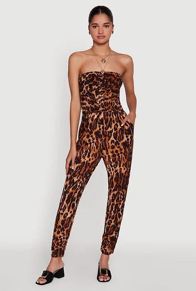 Womens Leopard Print Smocked Tube Jumpsuit, Brown, Size M