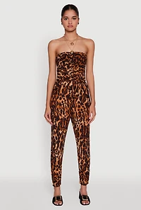 Womens Leopard Print Smocked Tube Jumpsuit, Brown, Size S