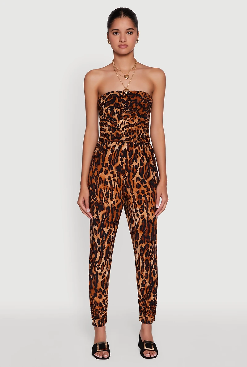 Womens Leopard Print Smocked Tube Jumpsuit, Brown, Size M
