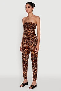 Womens Leopard Print Smocked Tube Jumpsuit, Brown, Size M