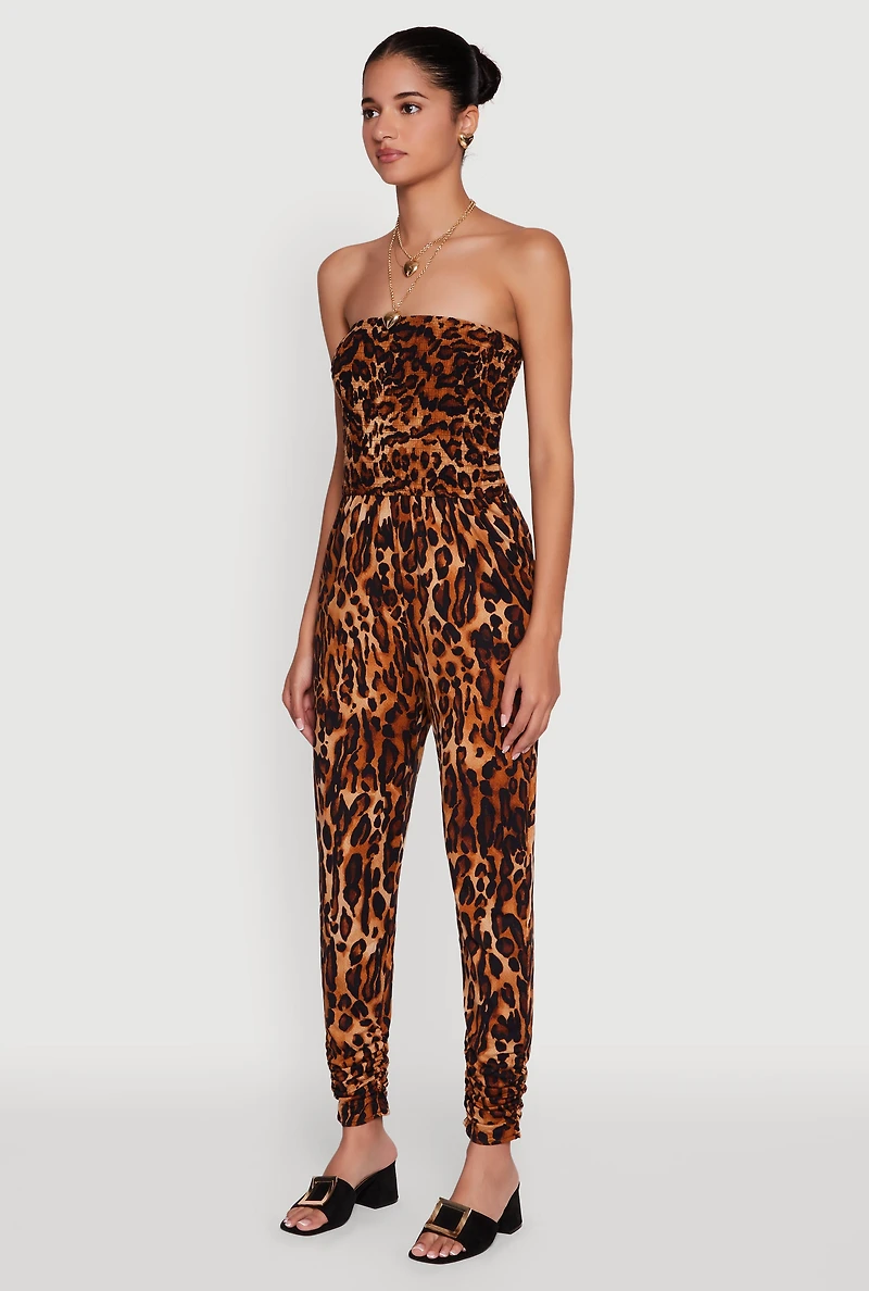Womens Leopard Print Smocked Tube Jumpsuit, Brown, Size S