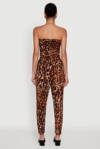 Womens Leopard Print Smocked Tube Jumpsuit, Brown, Size M