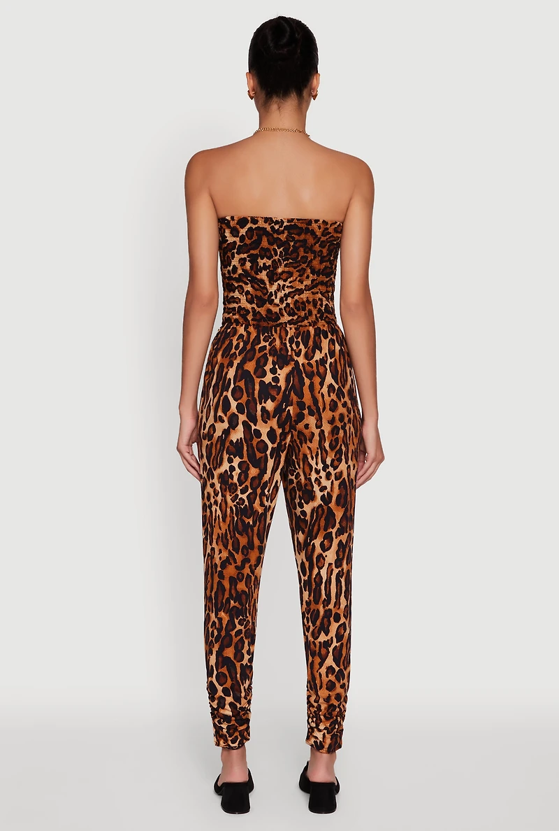 Womens Leopard Print Smocked Tube Jumpsuit, Brown, Size M
