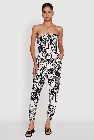 Womens Floral Print Smocked Tube Jumpsuit, Multi, Size M