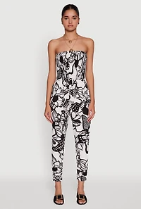 Womens Floral Print Smocked Tube Jumpsuit, Multi, Size L