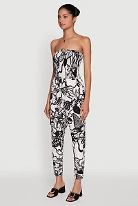 Womens Floral Print Smocked Tube Jumpsuit, Multi, Size M