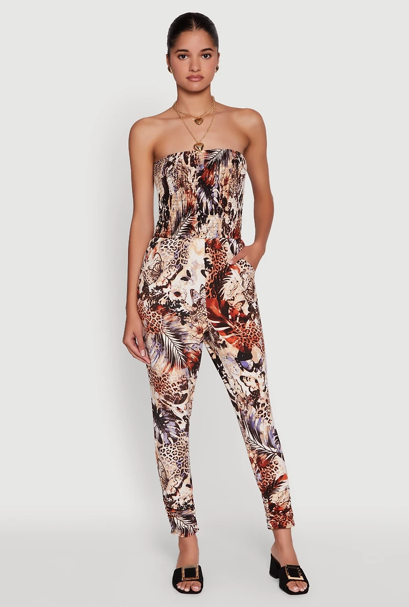 Strapless Animal Leaf Print Smocked Jumpsuit