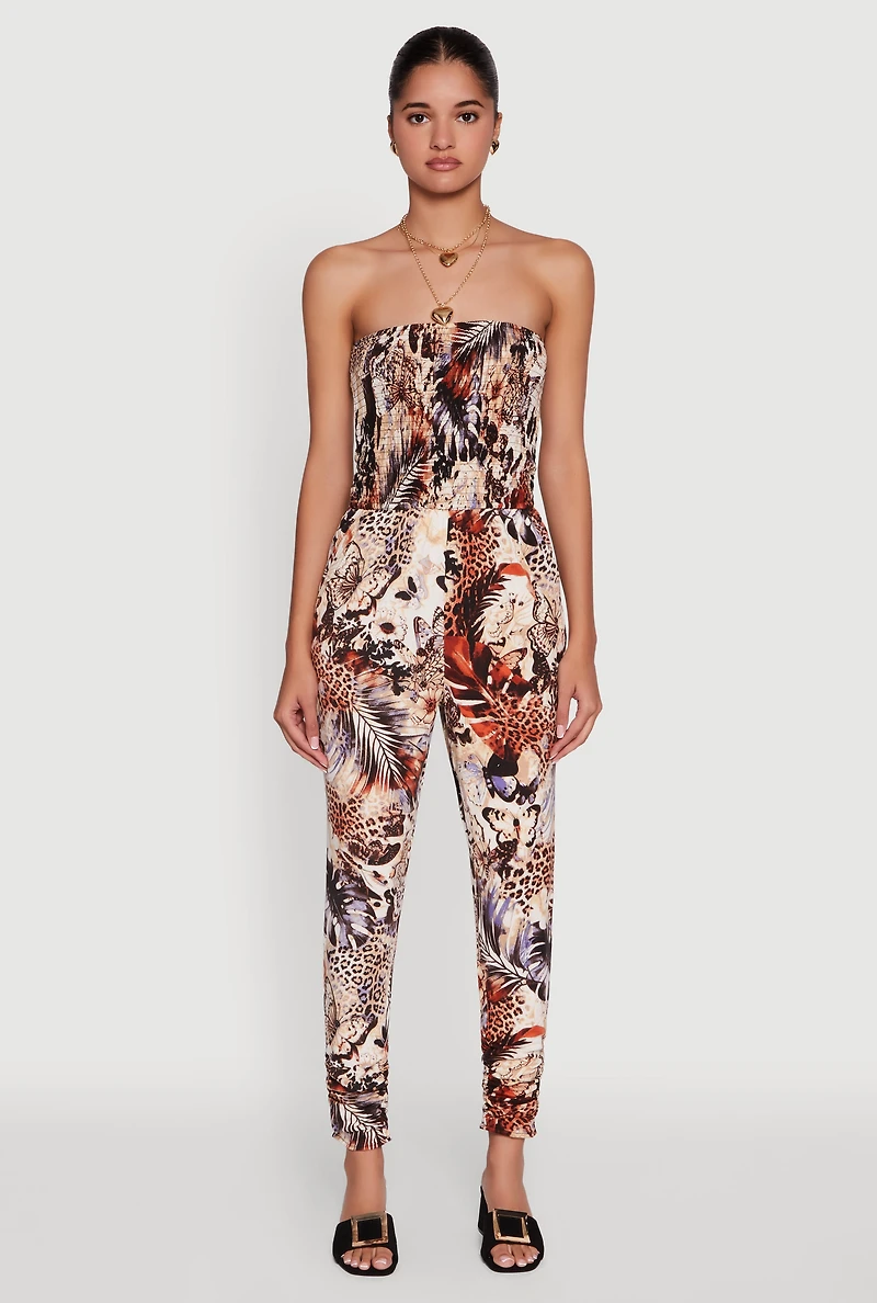 Womens Strapless Animal Leaf Print Smocked Jumpsuit, Multi, Size L