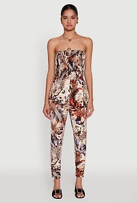 Womens Strapless Animal Leaf Print Smocked Jumpsuit, Multi, Size L