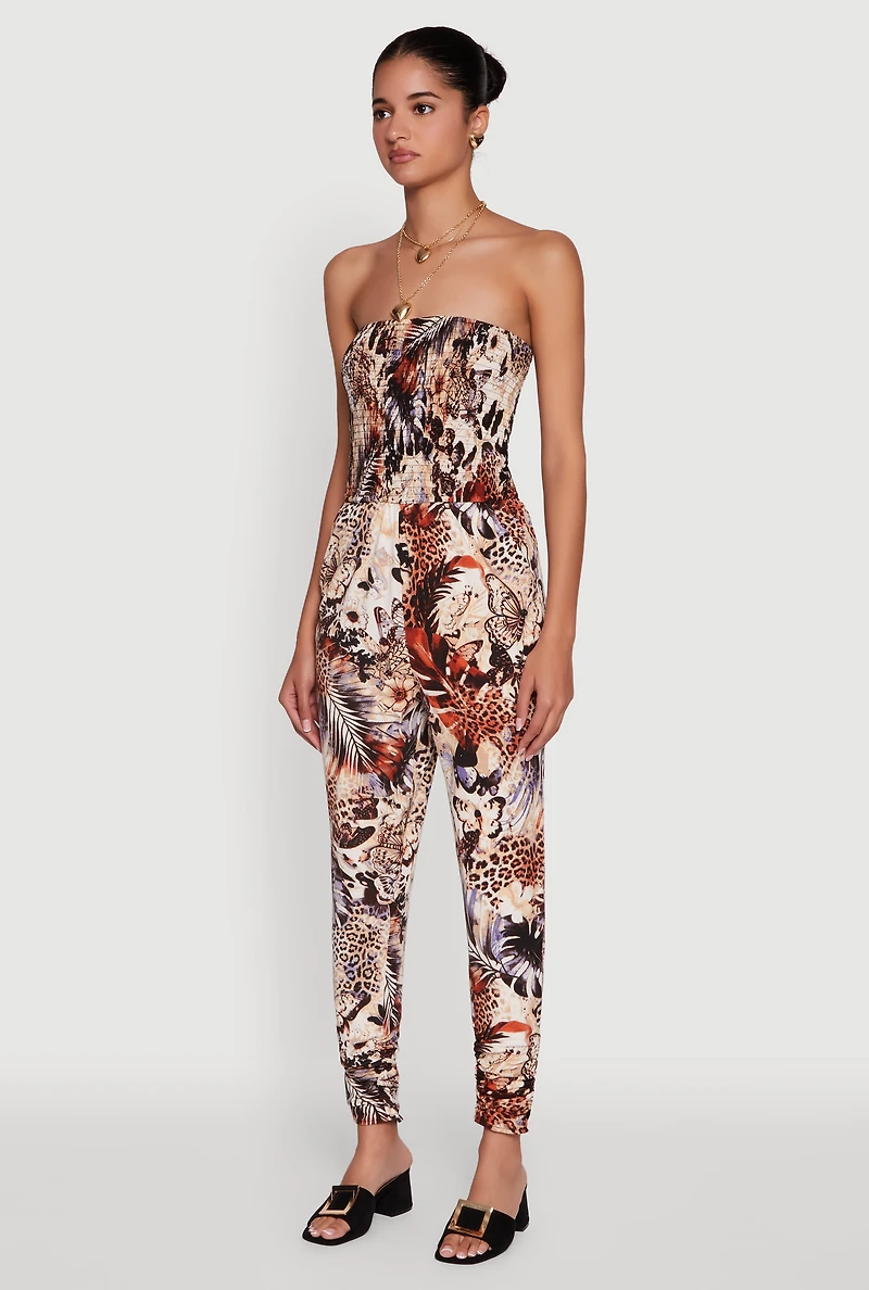 Womens Strapless Animal Leaf Print Smocked Jumpsuit, Multi, Size L