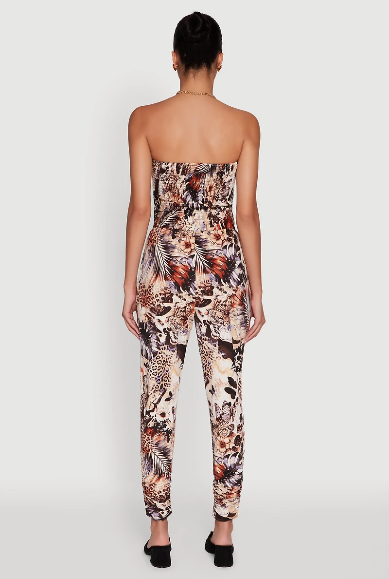 Womens Strapless Animal Leaf Print Smocked Jumpsuit, Multi, Size L