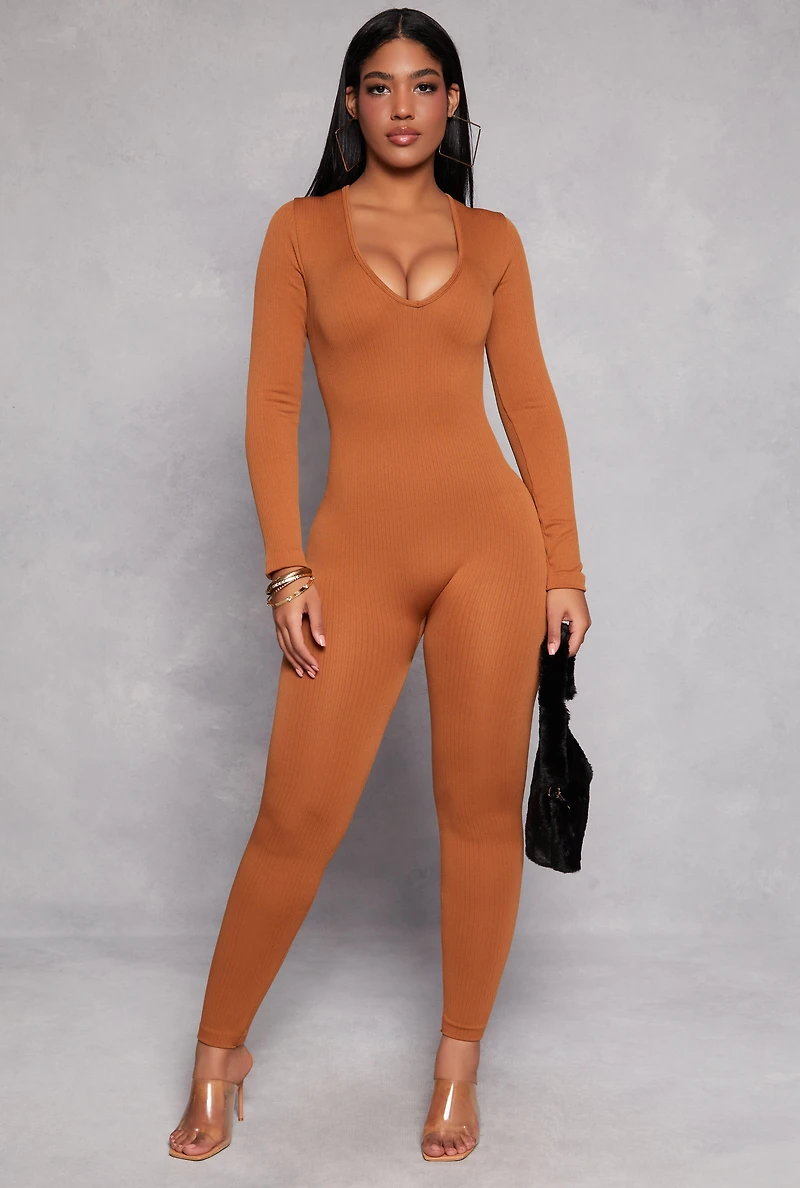 Seamless Rib Knit Plunge Long Sleeve Catsuit
