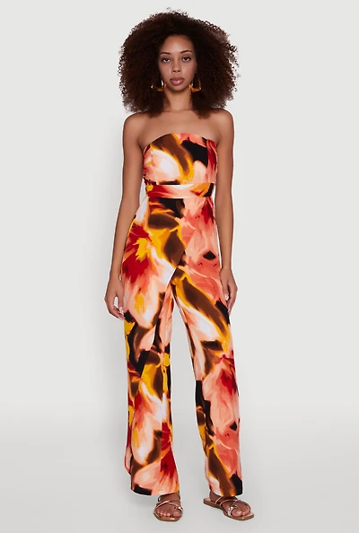 Airy Crepe Knit Strapless Smocked Printed Jumpsuit