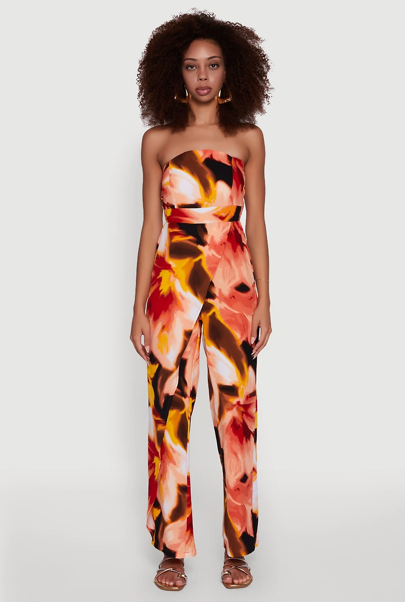 Womens Airy Crepe Knit Strapless Smocked Printed Jumpsuit, Multi, Size M