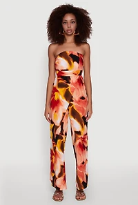 Womens Airy Crepe Knit Strapless Smocked Printed Jumpsuit, Multi, Size M
