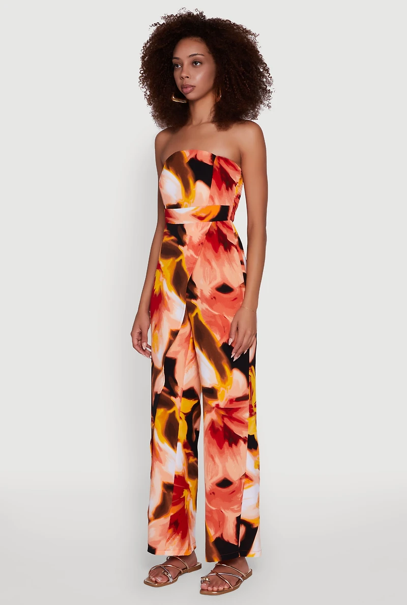 Airy Crepe Knit Strapless Smocked Printed Jumpsuit