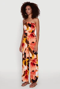 Airy Crepe Knit Strapless Smocked Printed Jumpsuit