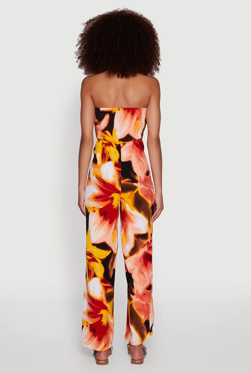 Airy Crepe Knit Strapless Smocked Printed Jumpsuit