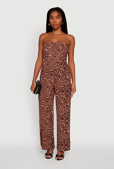 Womens Airy Crepe Knit Strapless Smocked Printed Jumpsuit, Brown, Size XL