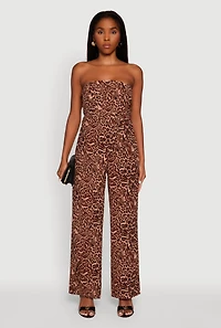Womens Airy Crepe Knit Strapless Smocked Printed Jumpsuit,