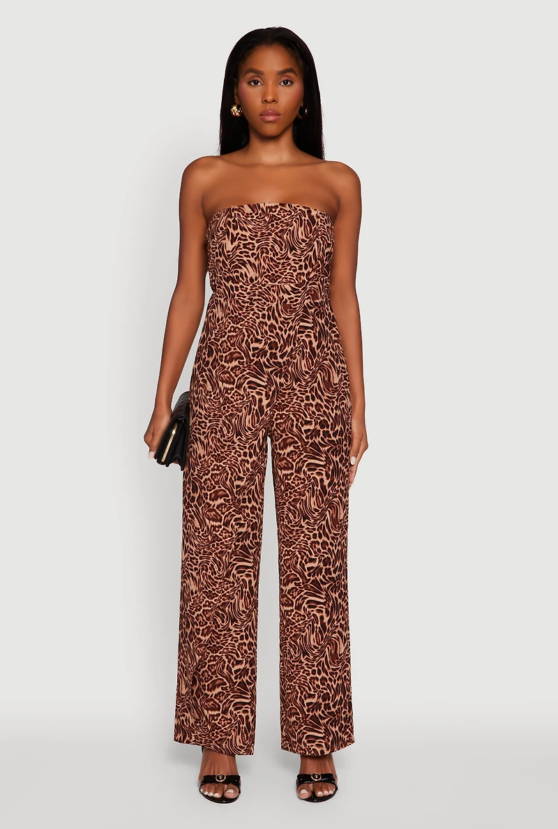 Airy Crepe Knit Strapless Smocked Printed Jumpsuit