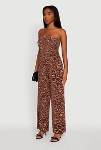 Womens Airy Crepe Knit Strapless Smocked Printed Jumpsuit, Brown, Size L