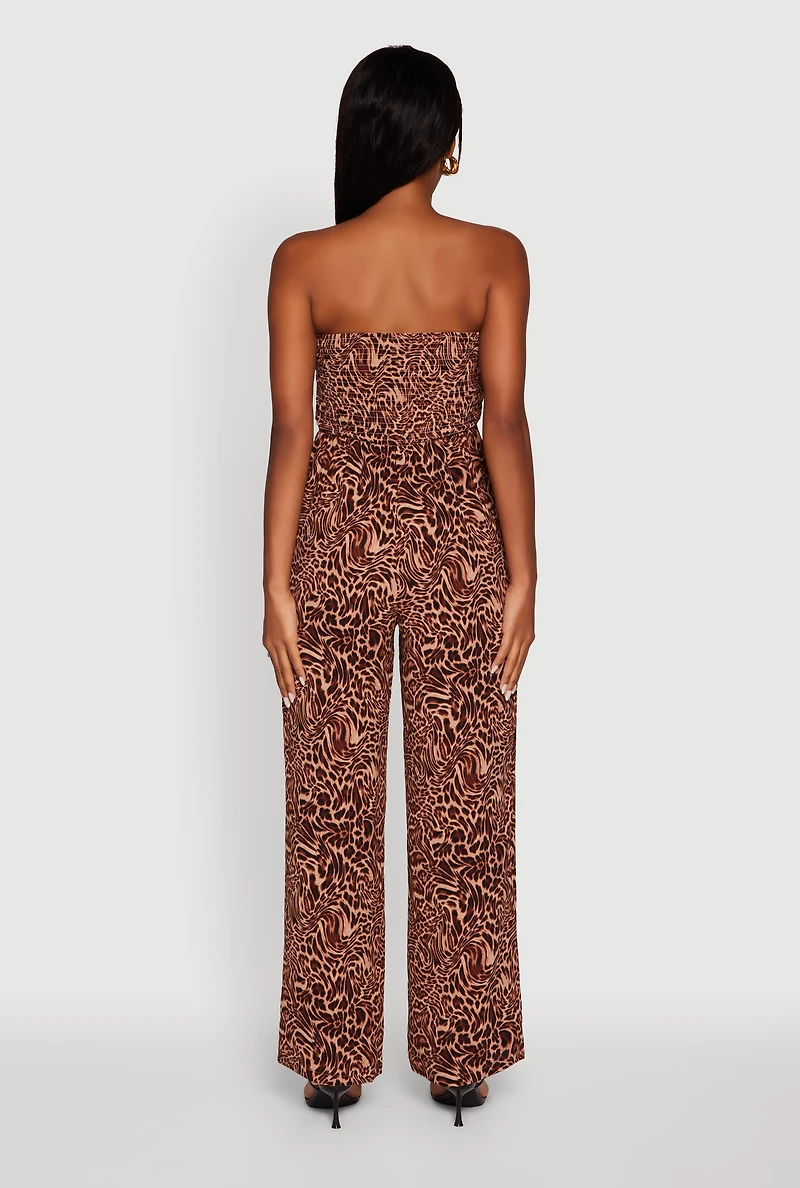 Womens Airy Crepe Knit Strapless Smocked Printed Jumpsuit, XL