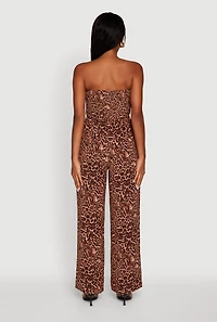 Womens Airy Crepe Knit Strapless Smocked Printed Jumpsuit, XL