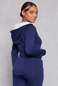 Fleece Contrast Piping Lace Up Pullover Hoodie