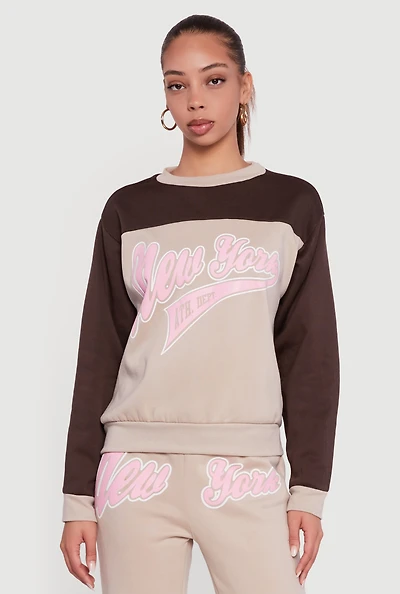 Womens New York Graphic Color Block Pullover Sweatshirt,