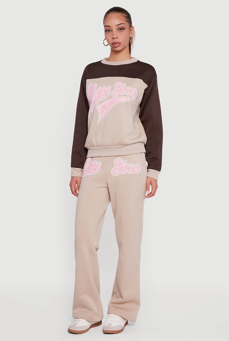 Womens New York Graphic Flare Leg Sweatpants, Khaki, Size S