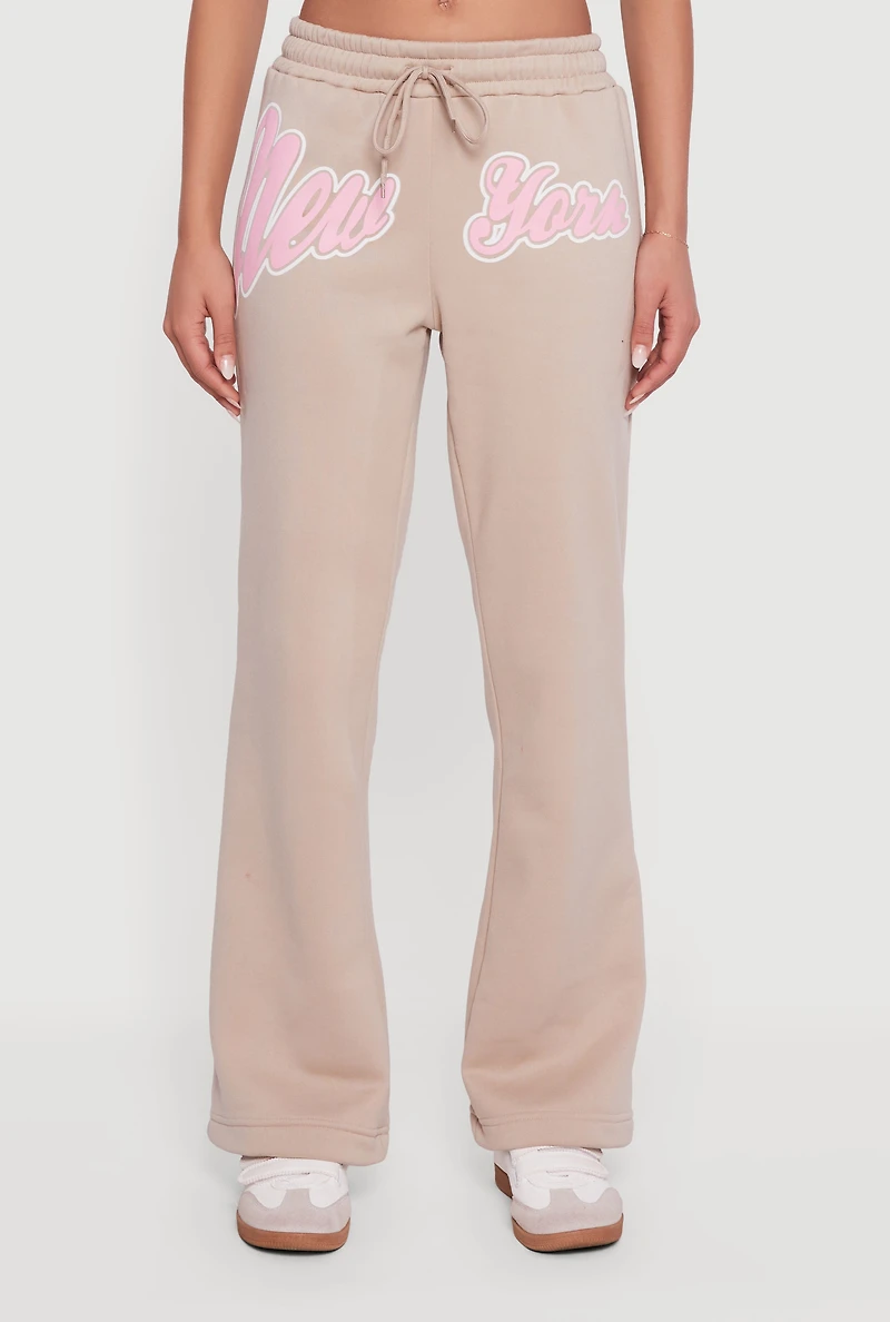 Womens New York Graphic Flare Leg Sweatpants, Khaki, Size S