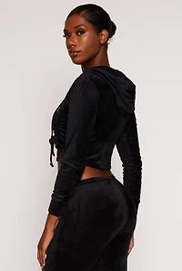 Velour Drawstring Ruched Half Zip Hoodie