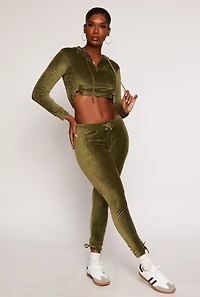 Womens Velour Drawstring Ruched Half Zip Hoodie, Green, Size S