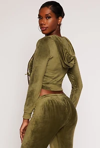 Womens Velour Drawstring Ruched Half Zip Hoodie, Green, Size S