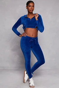 Womens Velour Drawstring Ruched Half Zip Hoodie, Blue, Size S