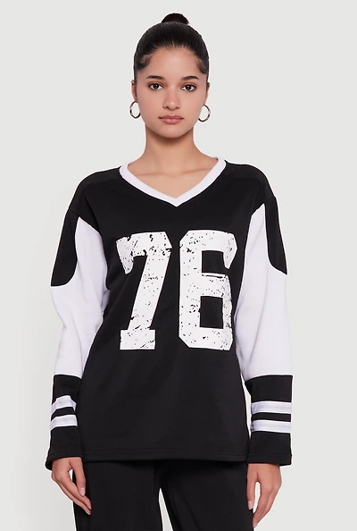 Womens V Neck 76 Graphic Varsity Stripe Sweatshirt,