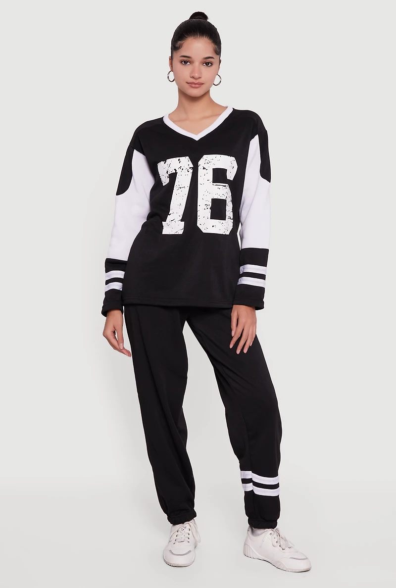 Womens V Neck 76 Graphic Varsity Stripe Sweatshirt, Black, Size M