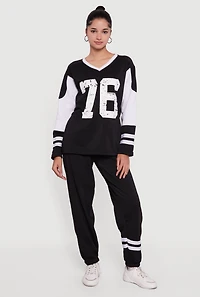 Womens V Neck 76 Graphic Varsity Stripe Sweatshirt, Black, Size M