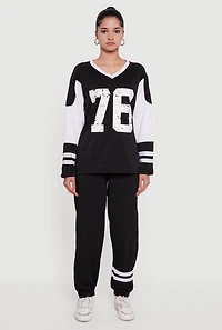 Womens V Neck 76 Graphic Varsity Stripe Sweatshirt, Black, Size M