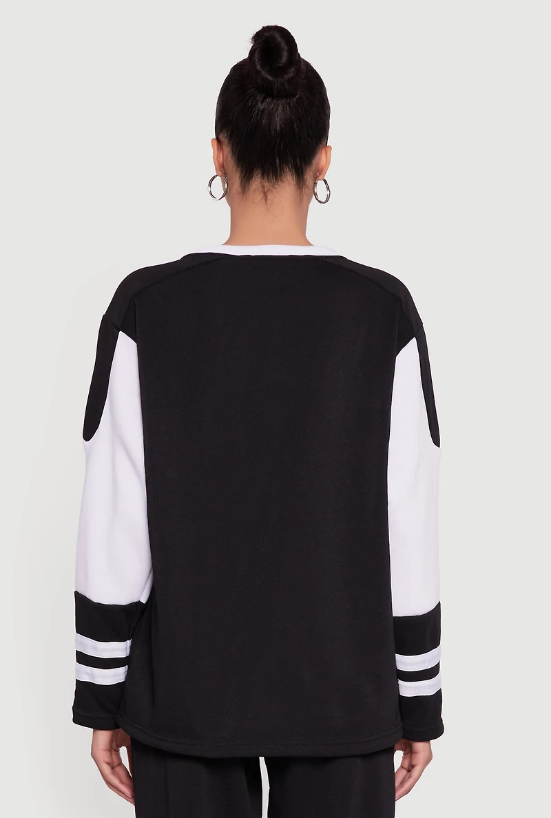 V Neck 76 Graphic Varsity Stripe Sweatshirt