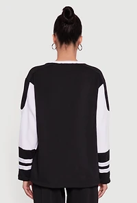 V Neck 76 Graphic Varsity Stripe Sweatshirt