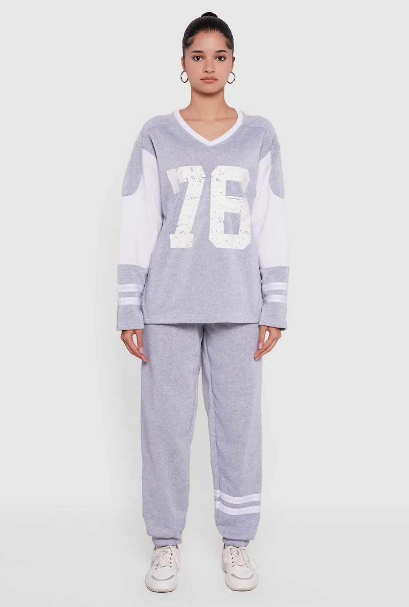 V Neck 76 Graphic Varsity Stripe Sweatshirt