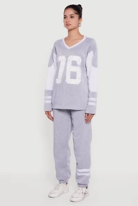 V Neck 76 Graphic Varsity Stripe Sweatshirt