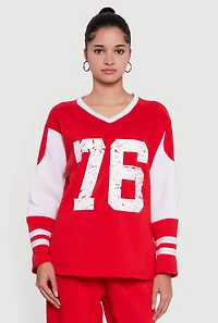 V Neck 76 Graphic Varsity Stripe Sweatshirt