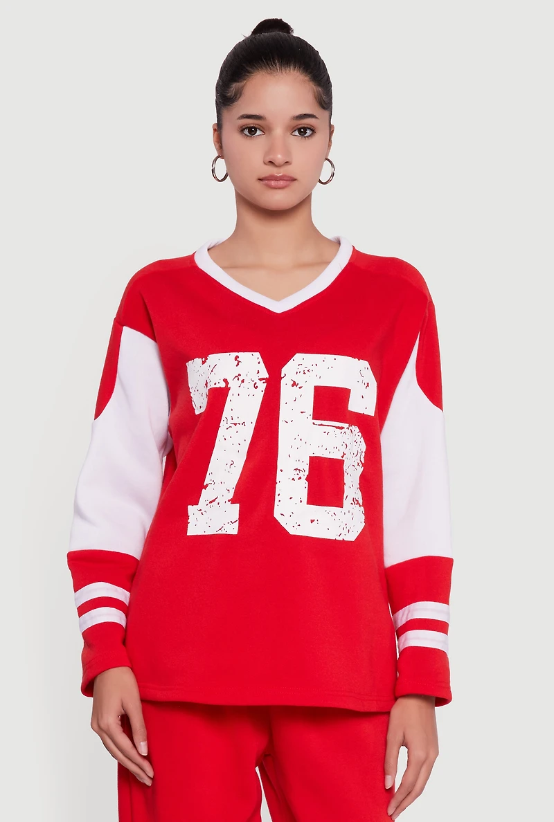 V Neck 76 Graphic Varsity Stripe Sweatshirt