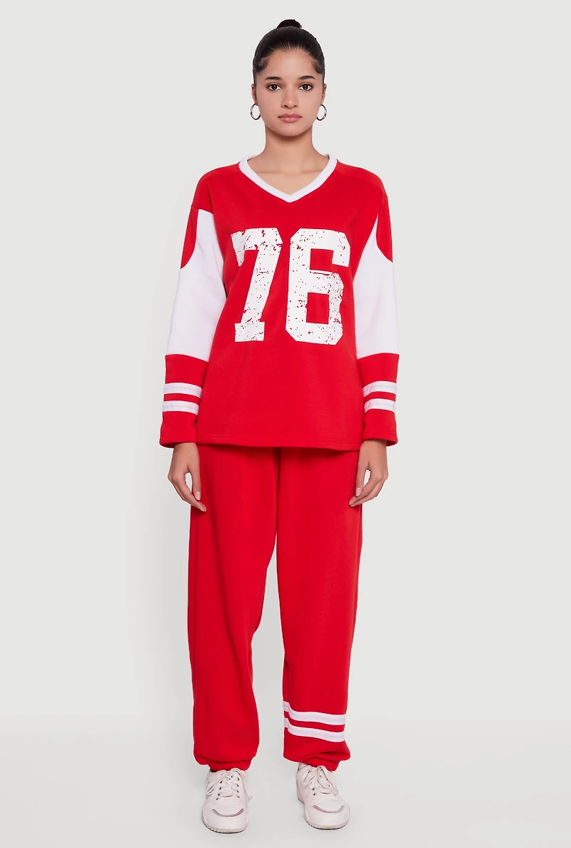 V Neck 76 Graphic Varsity Stripe Sweatshirt